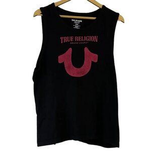 True Religion Black Muscle Tank Red Logo Graphic Sleeveless Tee